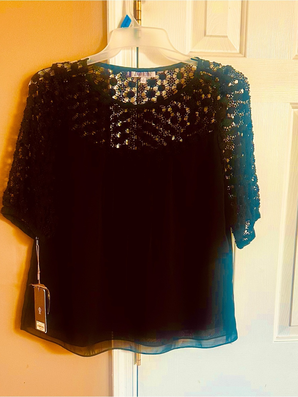 Jennifer Lopez Black Crochet Yoke Blouse